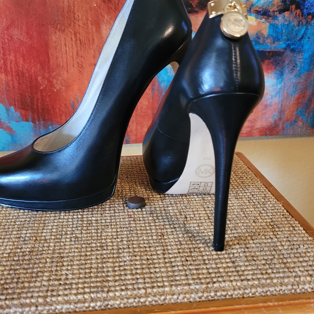 Women's Black High Heel Pumps with Gold Accent - Picture 4 of 5